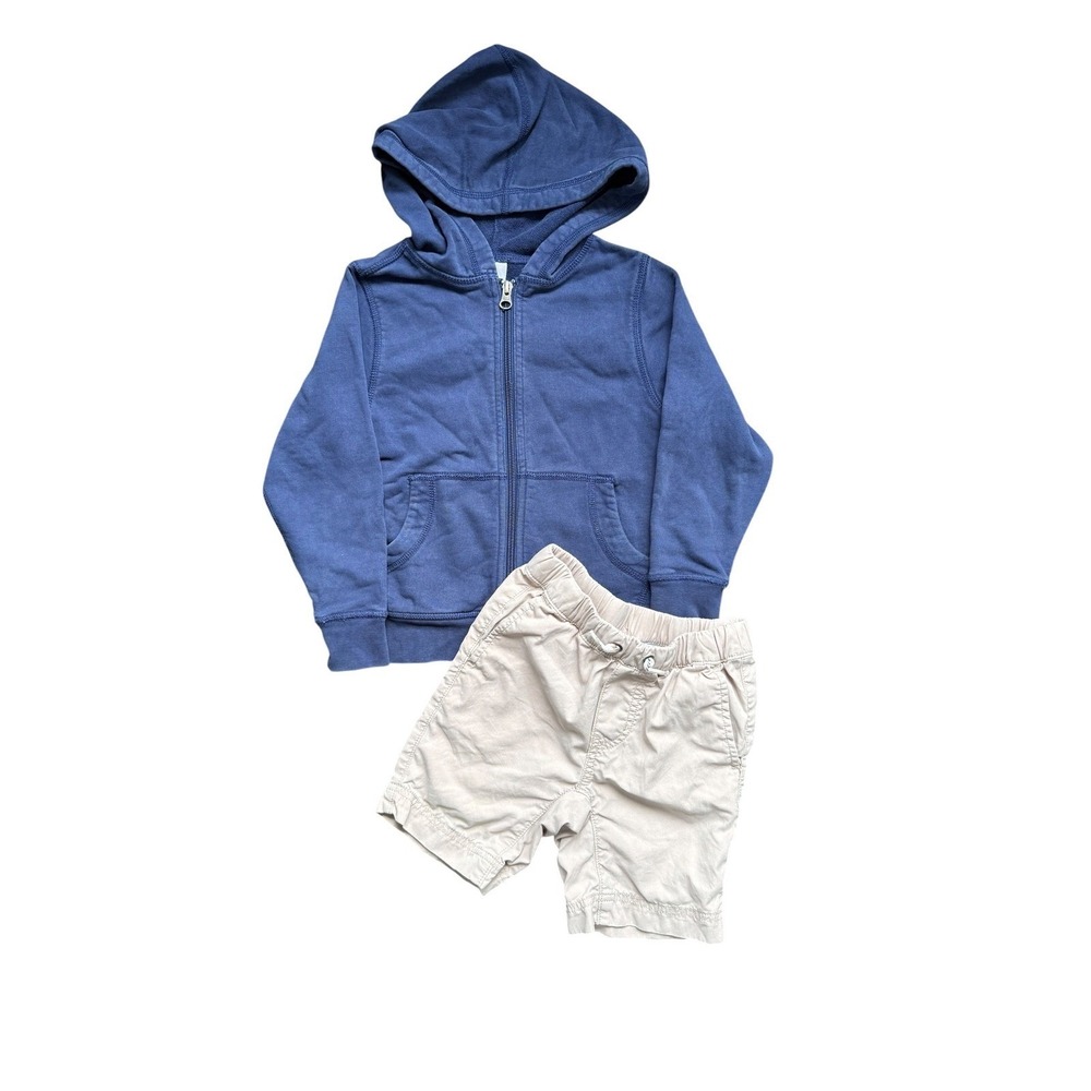 Hanna Andersson Hoodie and Shorts Set Boys 100 Blue Khaki Cotton French Terry